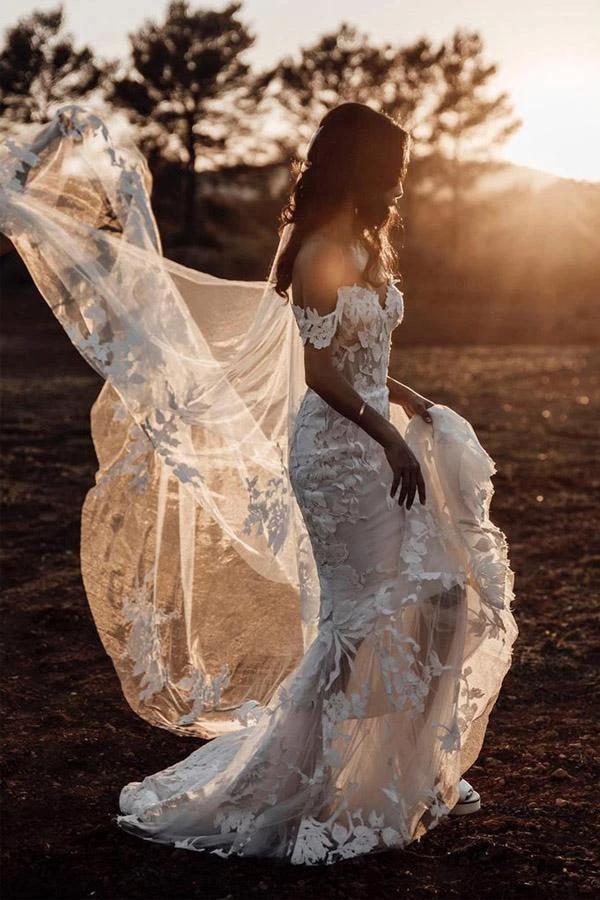 Mermaid Off-the-shoulder Tull Applique Amazing Rustic Wedding Dress (ZD15274)
