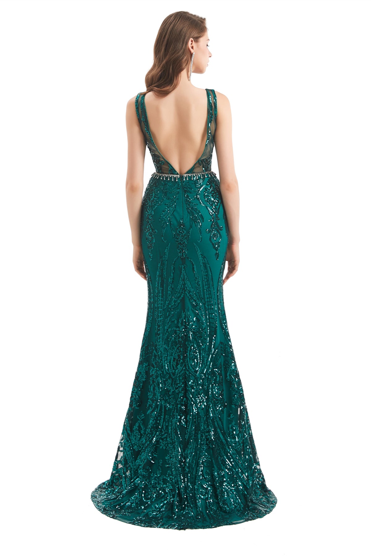 Mermaid Round Beaded Sleeveless Lace Sequined Floor-length Open Back Prom Dress