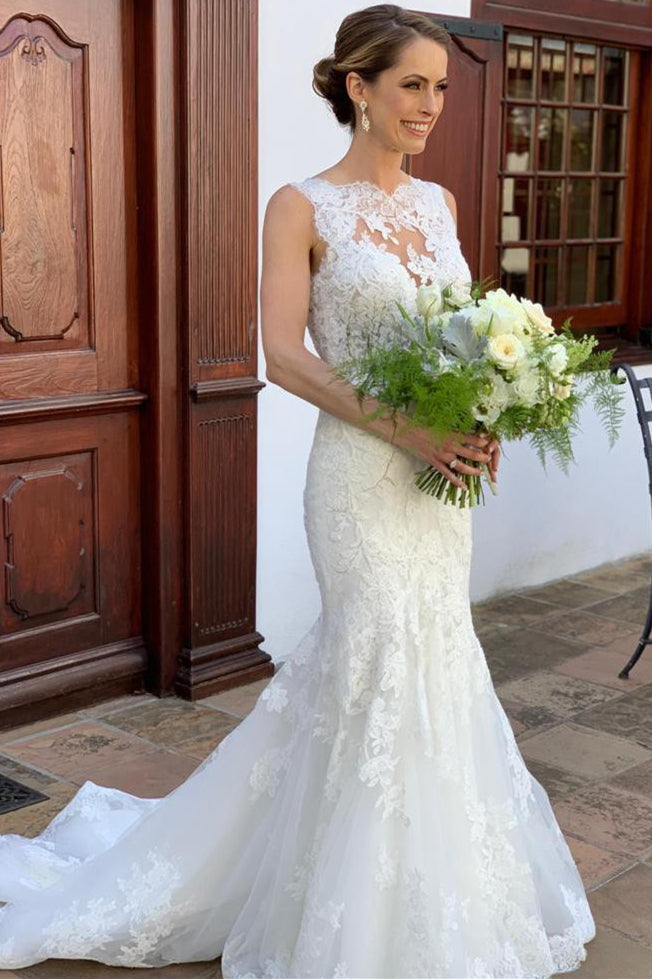 Mermaid Round Collar Floor-Length Tulle Applique Wedding Dress
