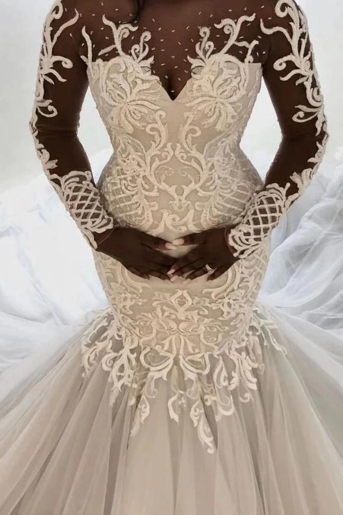 Mermaid Round Collar Long Sleeves Long Train Tulle Applique Wedding Dress