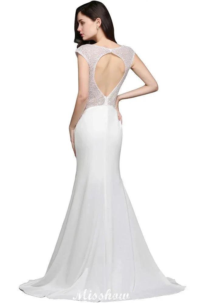 Mermaid Scoop White Chiffon Beadings Evening Dress (ZD13891)
