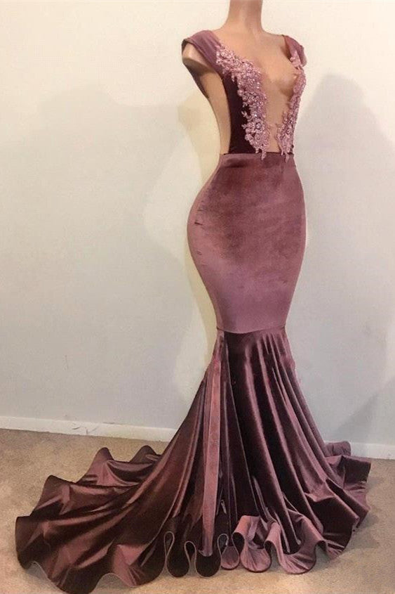 Mermaid Sleeveless Floor-Length Appliques Velvet Prom Dresses