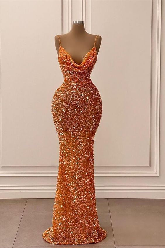 Mermaid Spaghetti strap Sequined Floor-Length Sleeveless Elegant Prom Dress