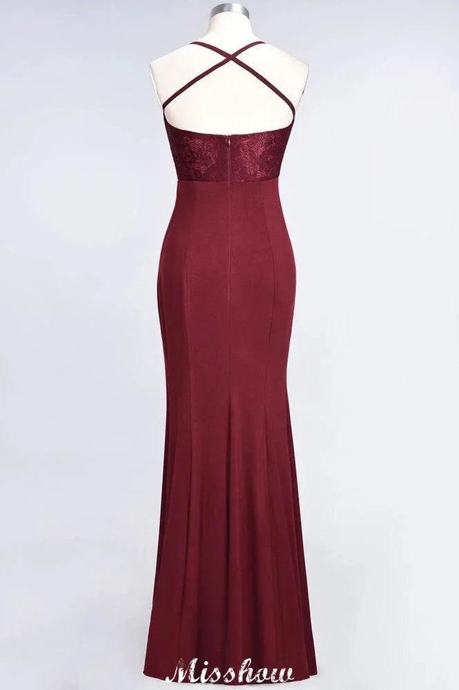 Mermaid spandex Lace Spaghetti-Straps Sleeveless Floor-Length Bridesmaid Dress (ZD12897)