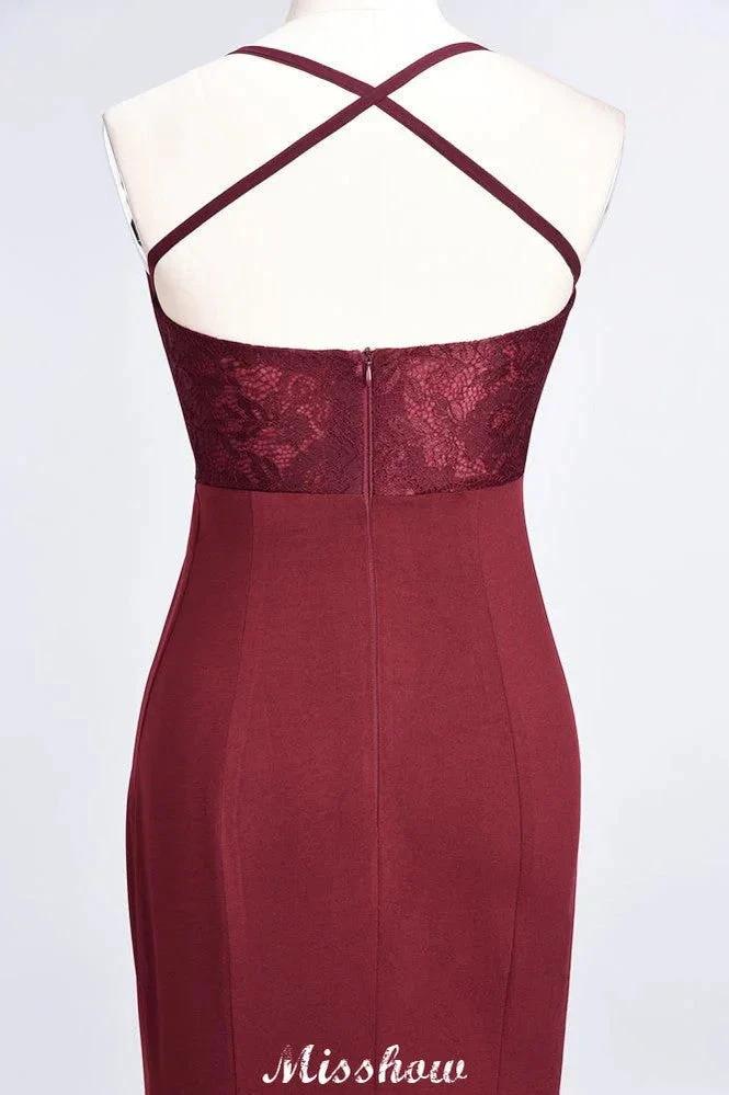 Mermaid spandex Lace Spaghetti-Straps Sleeveless Floor-Length Bridesmaid Dress (ZD12897)