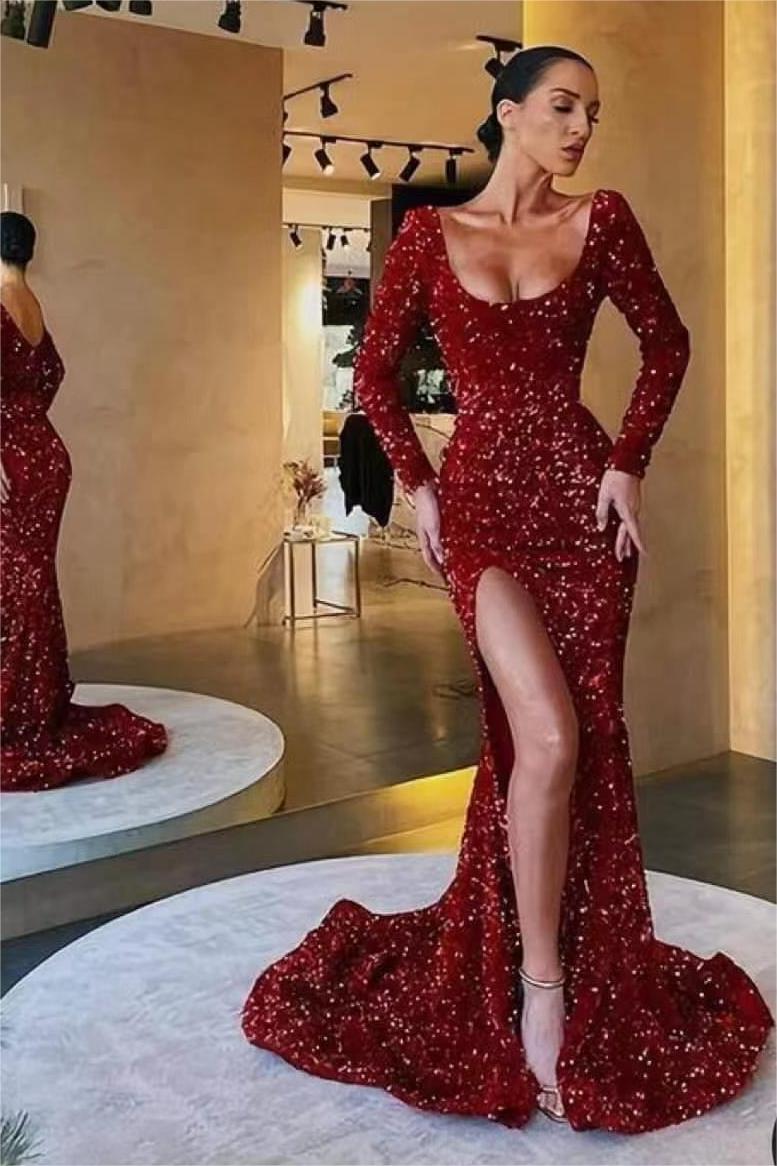 Mermaid Square Neckline Sequined Floor-Length Long Sleeve Backless High Split Prom Dress