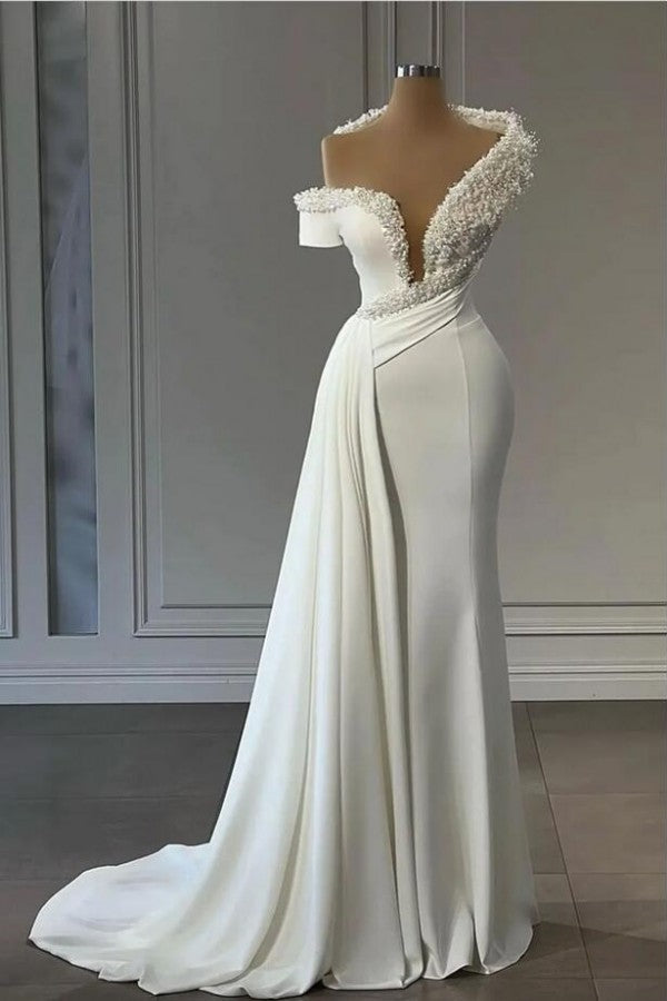 Mermaid Strapless Floor-Length Sleeveless Beaded With Side Train Prom Dress