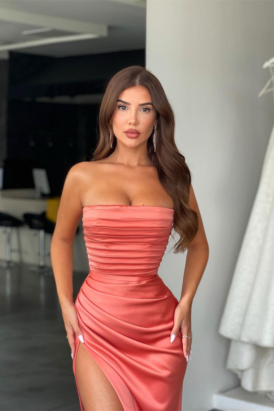 Mermaid Strapless High Split Ruffles Floor-Length Sleeveless Open Back Prom Dress
