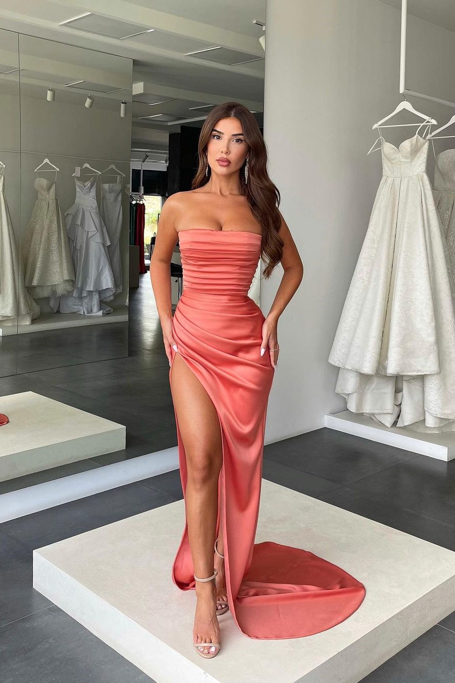Mermaid Strapless High Split Ruffles Floor-Length Sleeveless Open Back Prom Dress