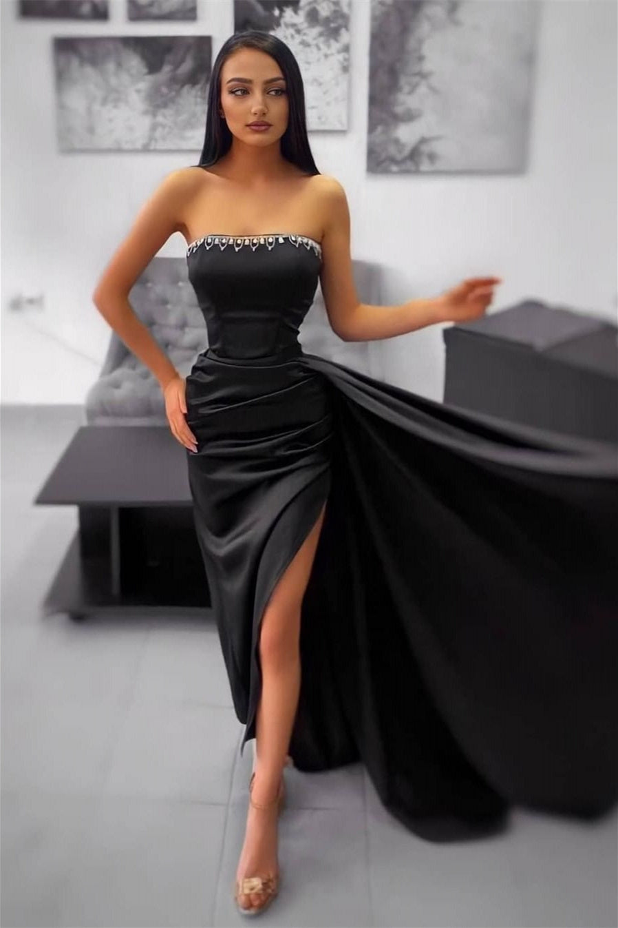 Mermaid Strapless High Split Sequined Floor-Length Sleeveless Prom Dress