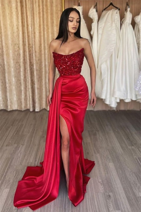 Mermaid Strapless Sequined High Split Floor-Length Sleeveless Prom Dress