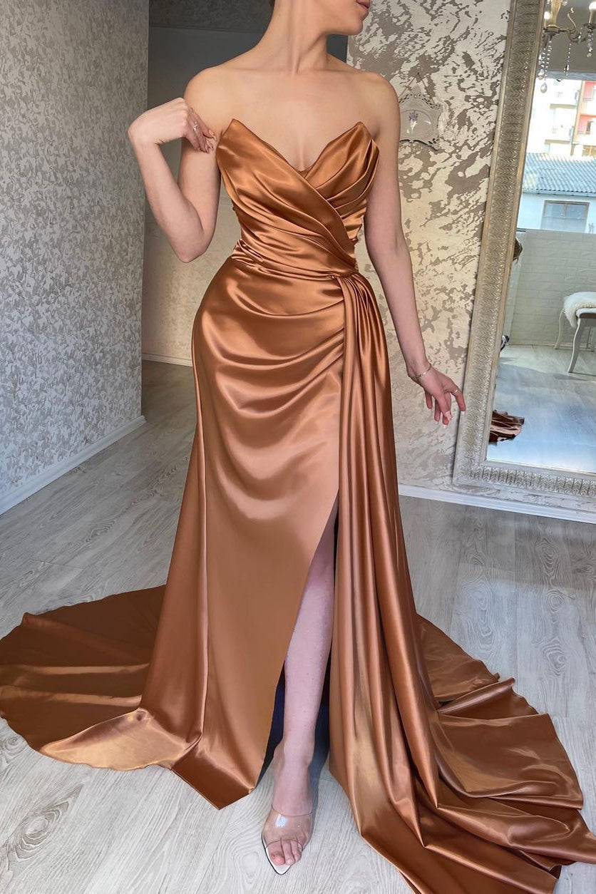 Mermaid Strapless Sweetheart Floor-Length Multiple-Layers Sleeveless Open Back Side Train High Split Prom Dress