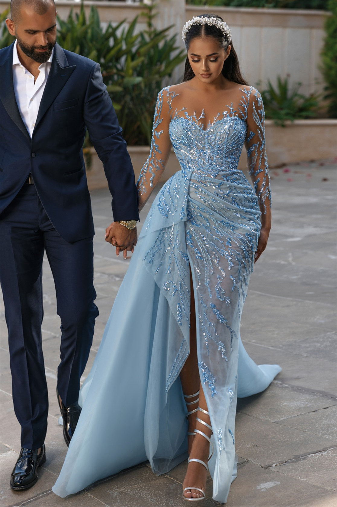 Mermaid Strapless Sweetheart Floor-Length With Side Train Appliques Lace High Split Long Sleeve Prom Dress
