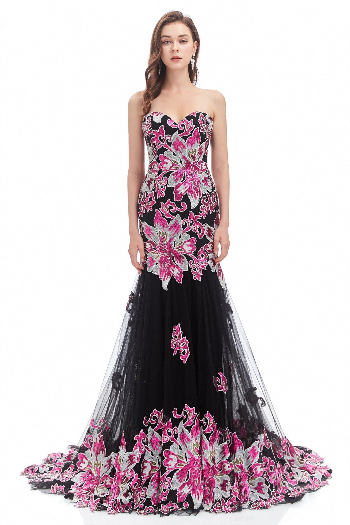Mermaid Strapless Sweetheart Lace Sequined Floor-Length Sleeveless Backless Prom Dress