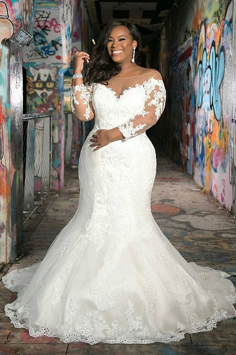 Mermaid Sweetheart Floor-Length Long Sleeves Tulle Applique Wedding Dress