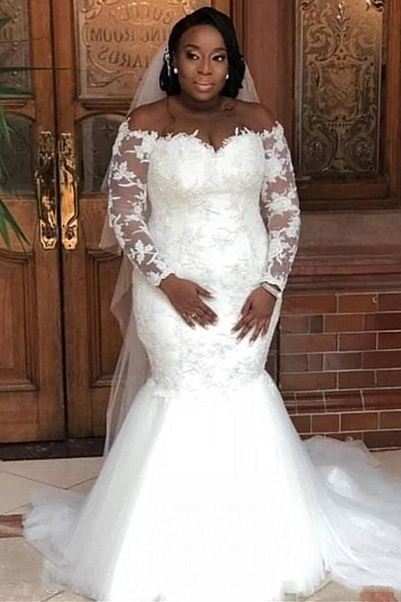 Mermaid Sweetheart Floor-Length Long Sleeves Tulle Applique Wedding Dress