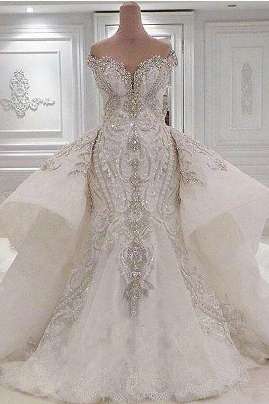 Mermaid Sweetheart Floor-Length Wide Hem Tulle Beading Wedding Dress