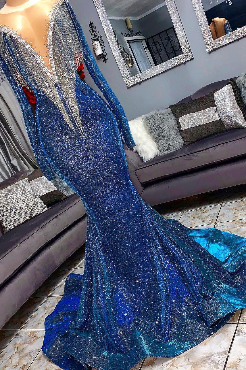 Mermaid Transparent Deep V-Neck -Round Collar Floor-Length Sequin Fringe Prom Dress