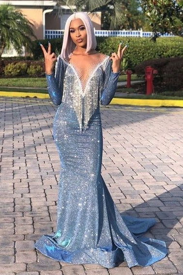 Mermaid Transparent Deep V-Neck -Round Collar Floor-Length Sequin Fringe Prom Dress