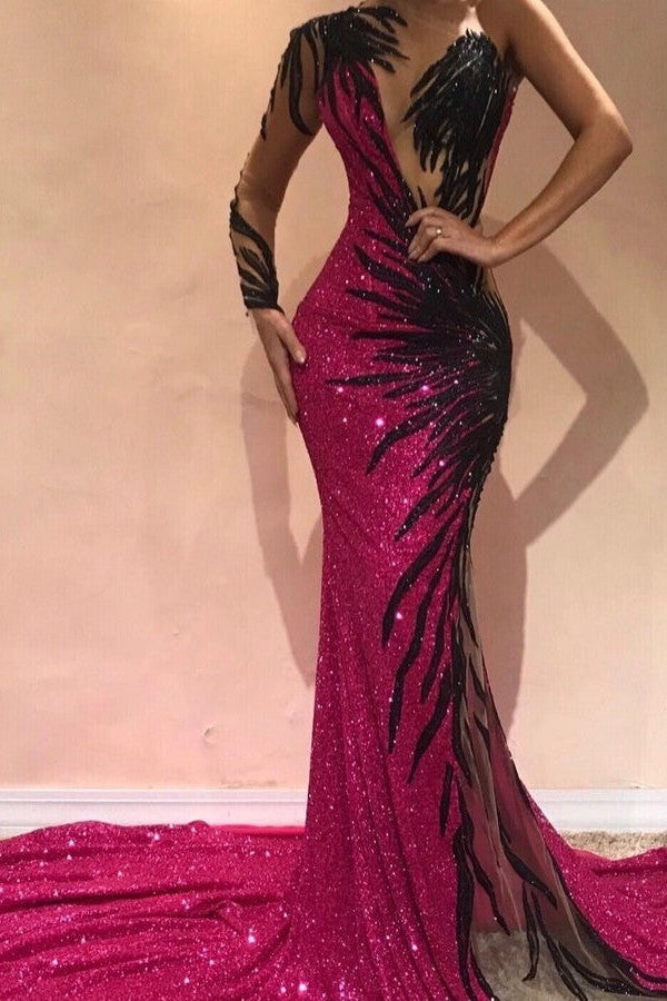 Mermaid Transparent Round Collar Chapel One-Shoulder Long Sleeve Backless Paillette Prom Dress