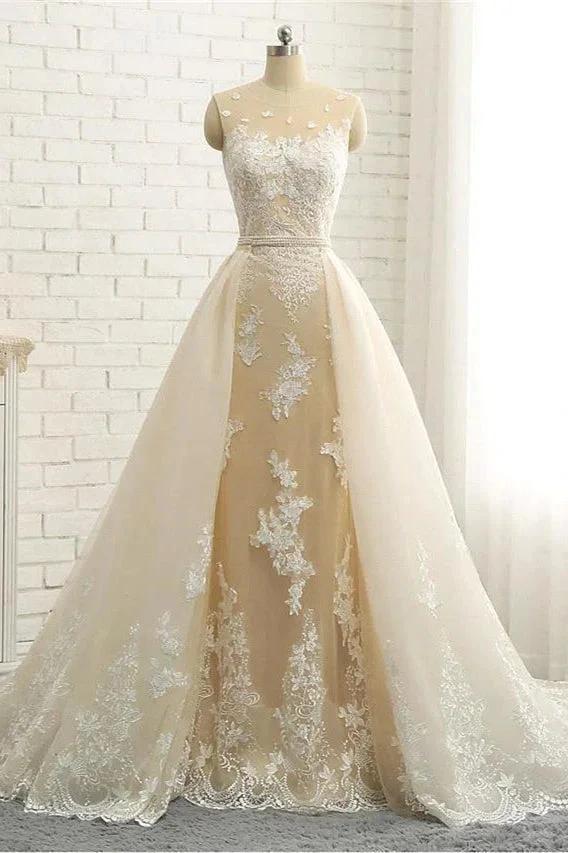 Mermaid \ Trumpet Jewel Neck Chapel Train Lace Tulle Lace Over Satin Regular Straps Formal See-Through Wedding Dresses (ZD16572)