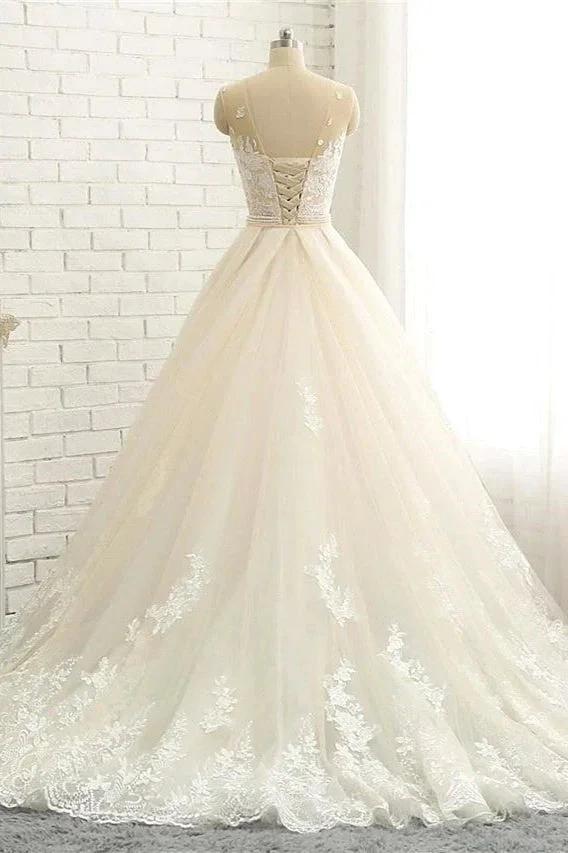 Mermaid \ Trumpet Jewel Neck Chapel Train Lace Tulle Lace Over Satin Regular Straps Formal See-Through Wedding Dresses (ZD16572)