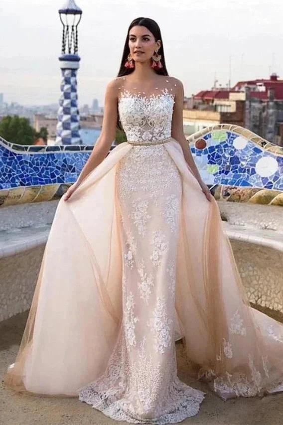 Mermaid \ Trumpet Jewel Neck Chapel Train Lace Tulle Lace Over Satin Regular Straps Formal See-Through Wedding Dresses (ZD16572)