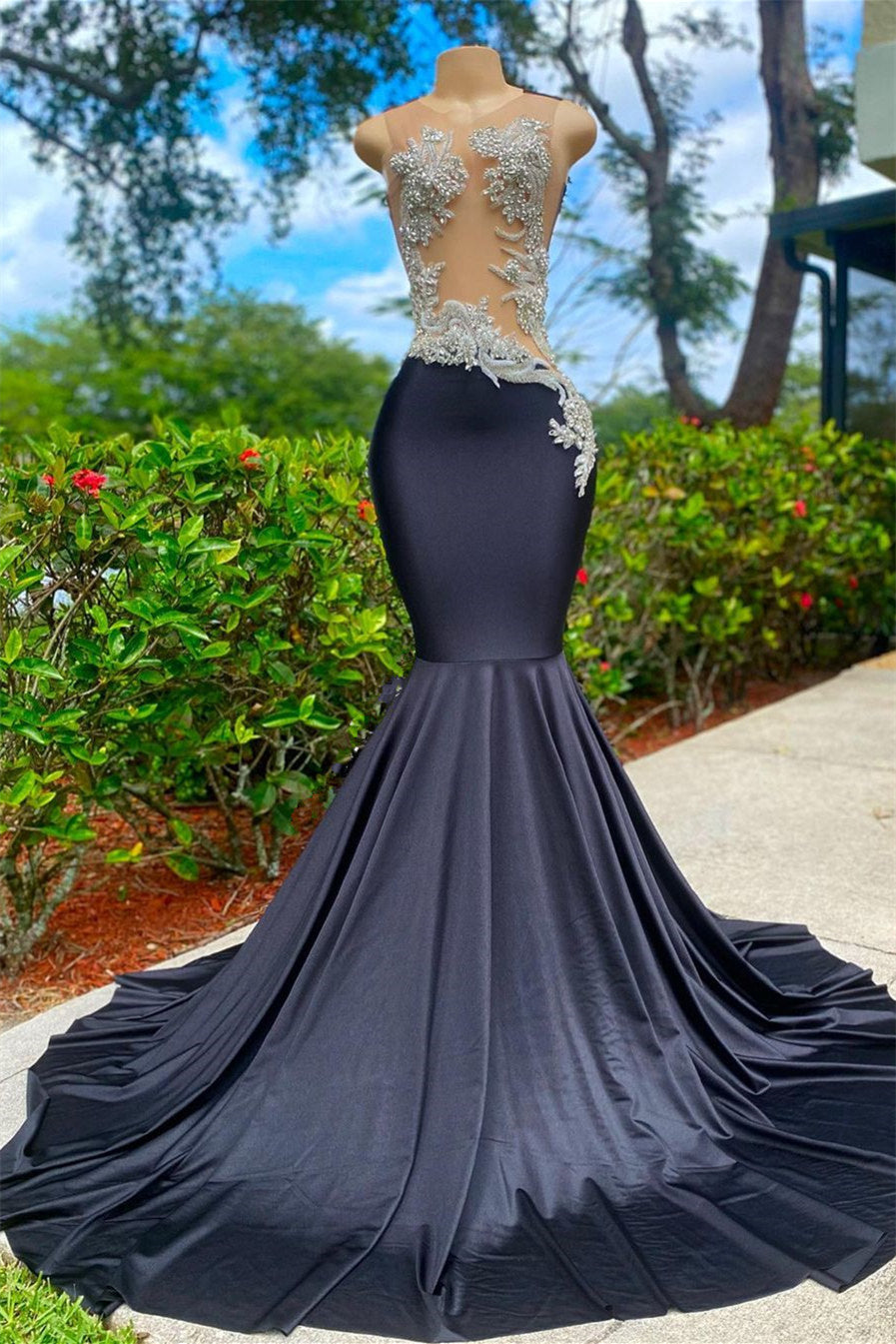 Mermaid V-Neck Appliques Lace Sequined Open Back One-Shoulder Floor-Length Sleeveless Prom Dress
