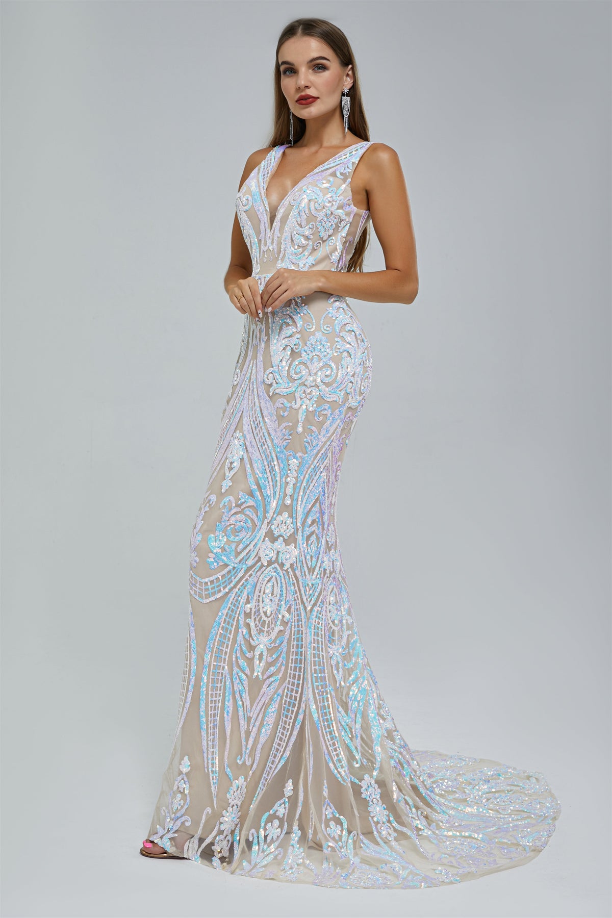 Mermaid V-neck Backless Lace Sequined Floor-length Long Sleeve Elegant Prom Dress