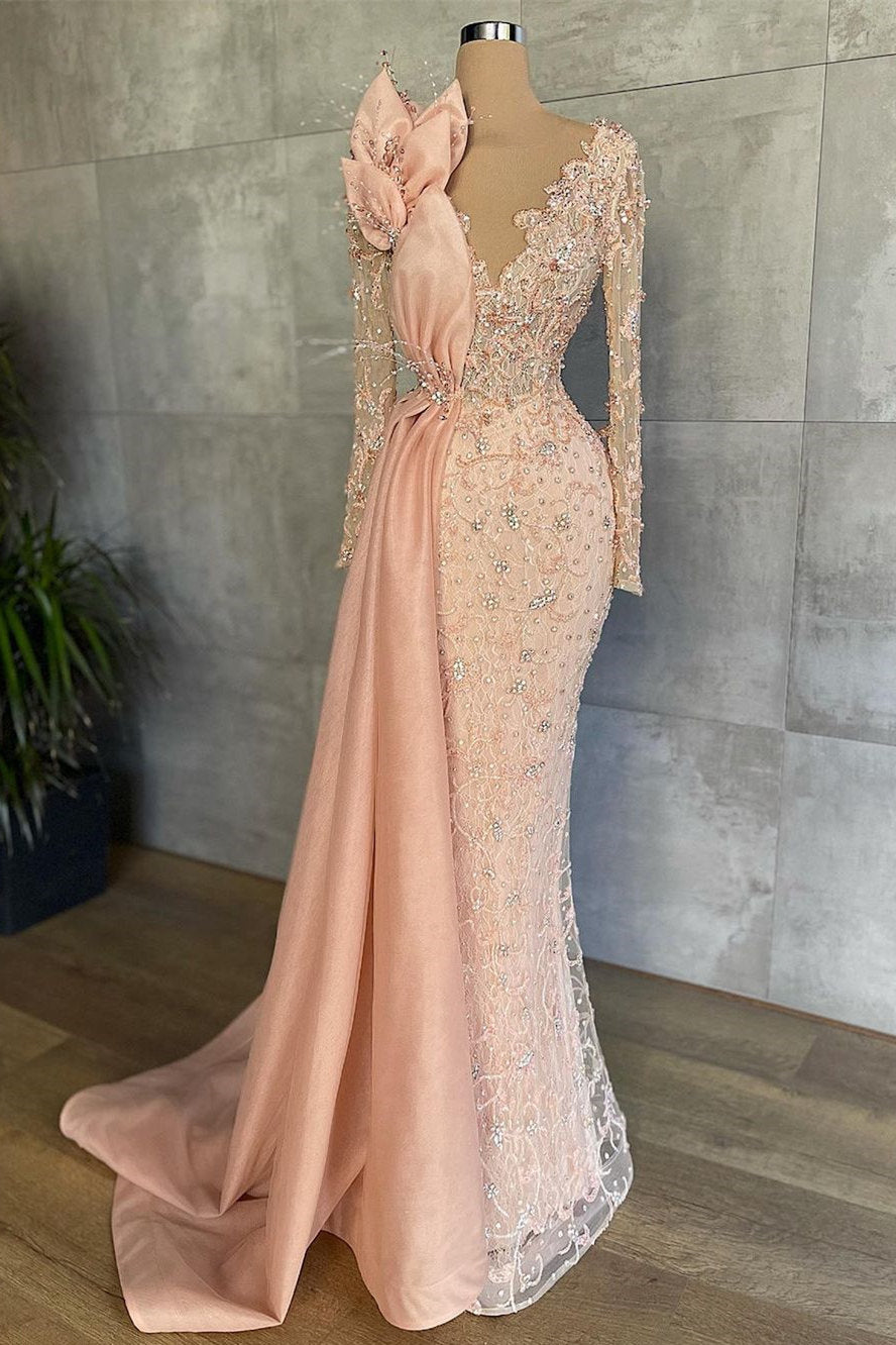Mermaid V-Neck Beading Sequined Floor-Length Long Sleeve Appliques Lace Flower Prom Dress