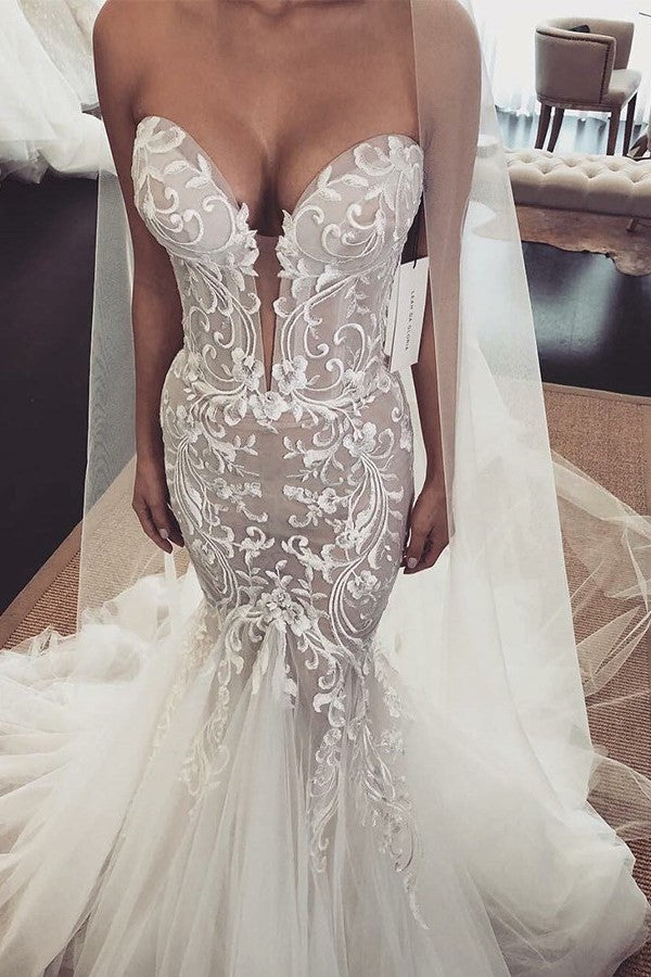 Mermaid V-Neck Floor-Length Chapel Tulle Embroidery Wedding Dress