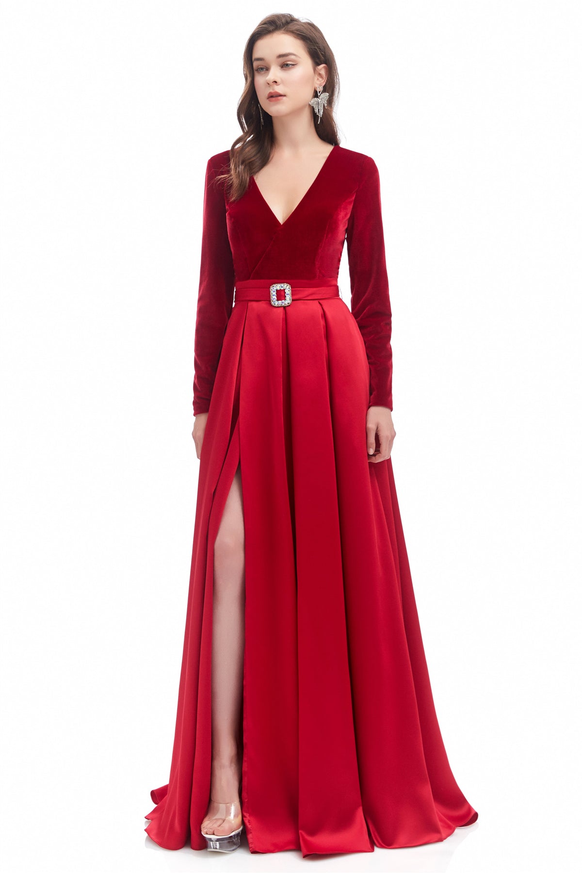 Mermaid V-Neck High Split Floor-Length Long Sleeve Open Back Prom Dress