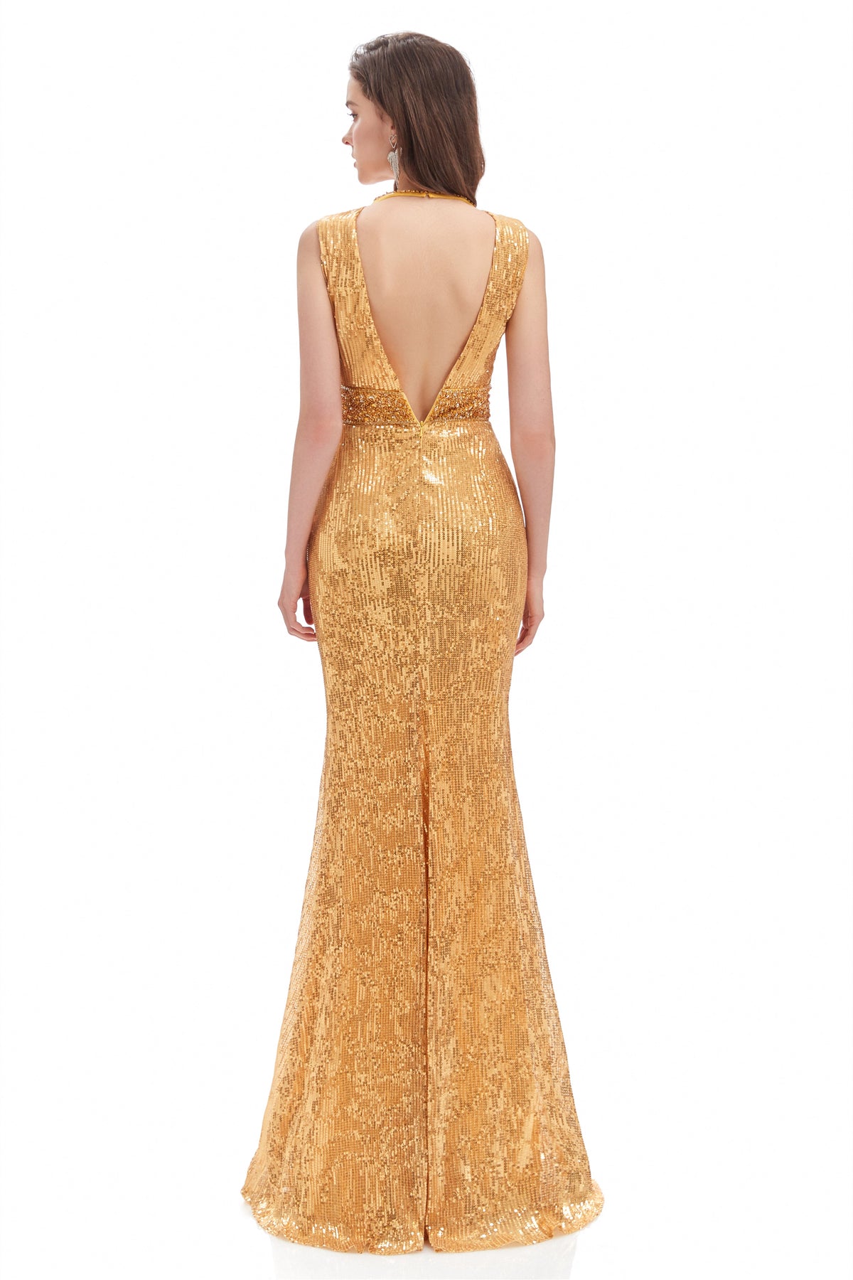 Mermaid V-Neck High Split Sequined Floor-Length Sleeveless Prom Dress