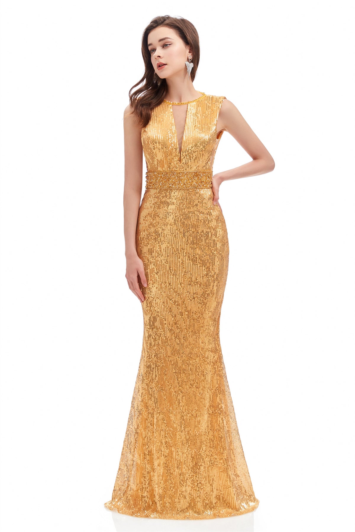 Mermaid V-Neck High Split Sequined Floor-Length Sleeveless Prom Dress