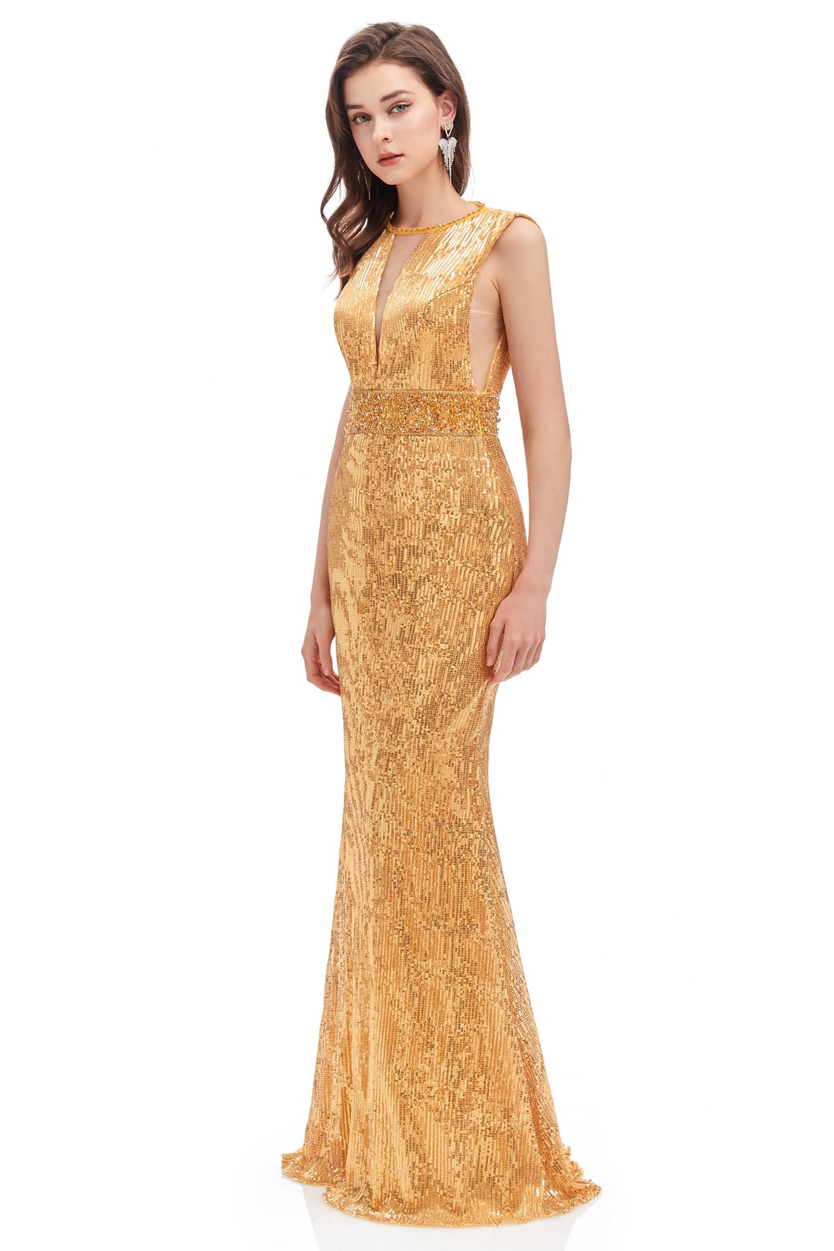 Mermaid V-Neck High Split Sequined Floor-Length Sleeveless Prom Dress