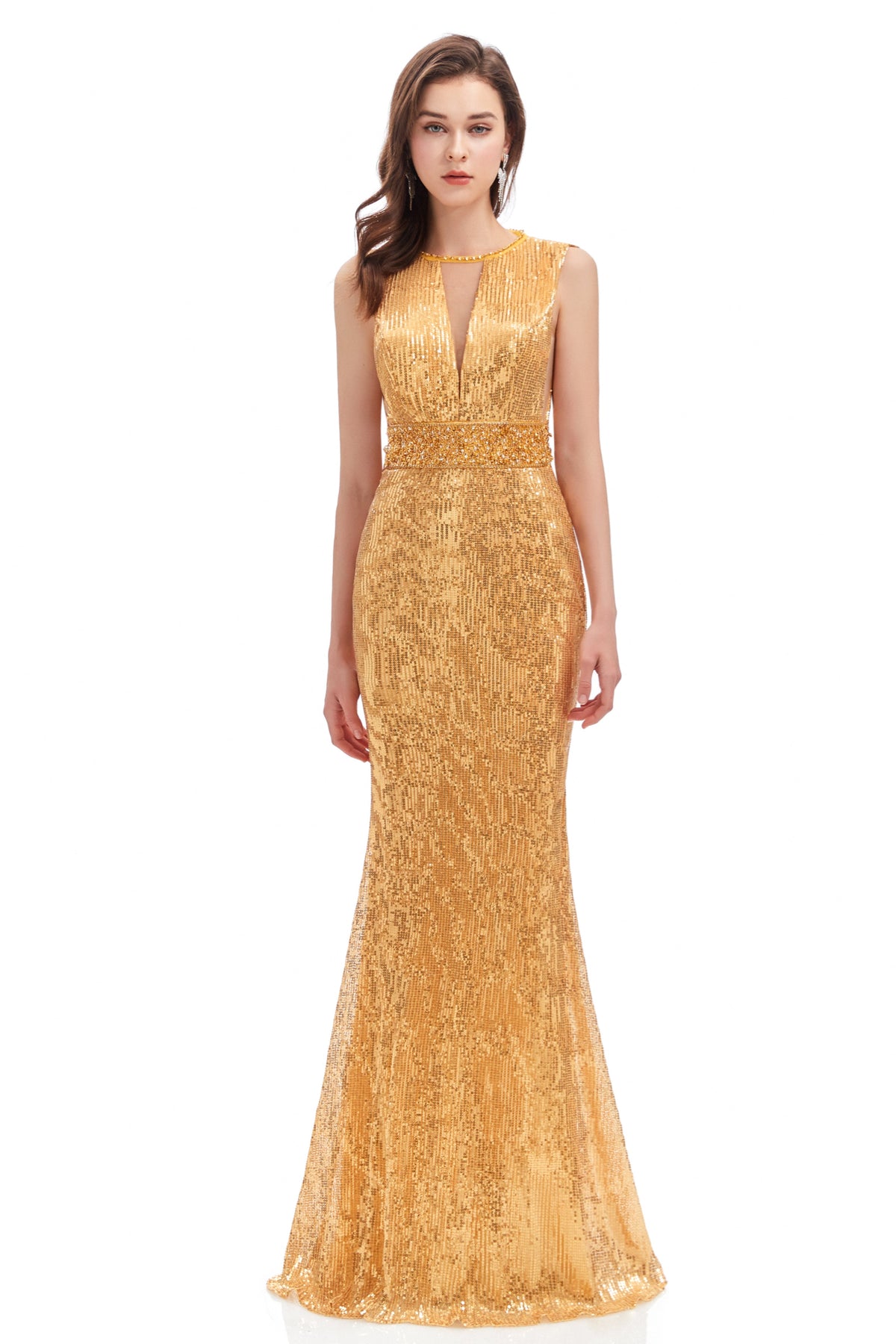 Mermaid V-Neck High Split Sequined Floor-Length Sleeveless Prom Dress