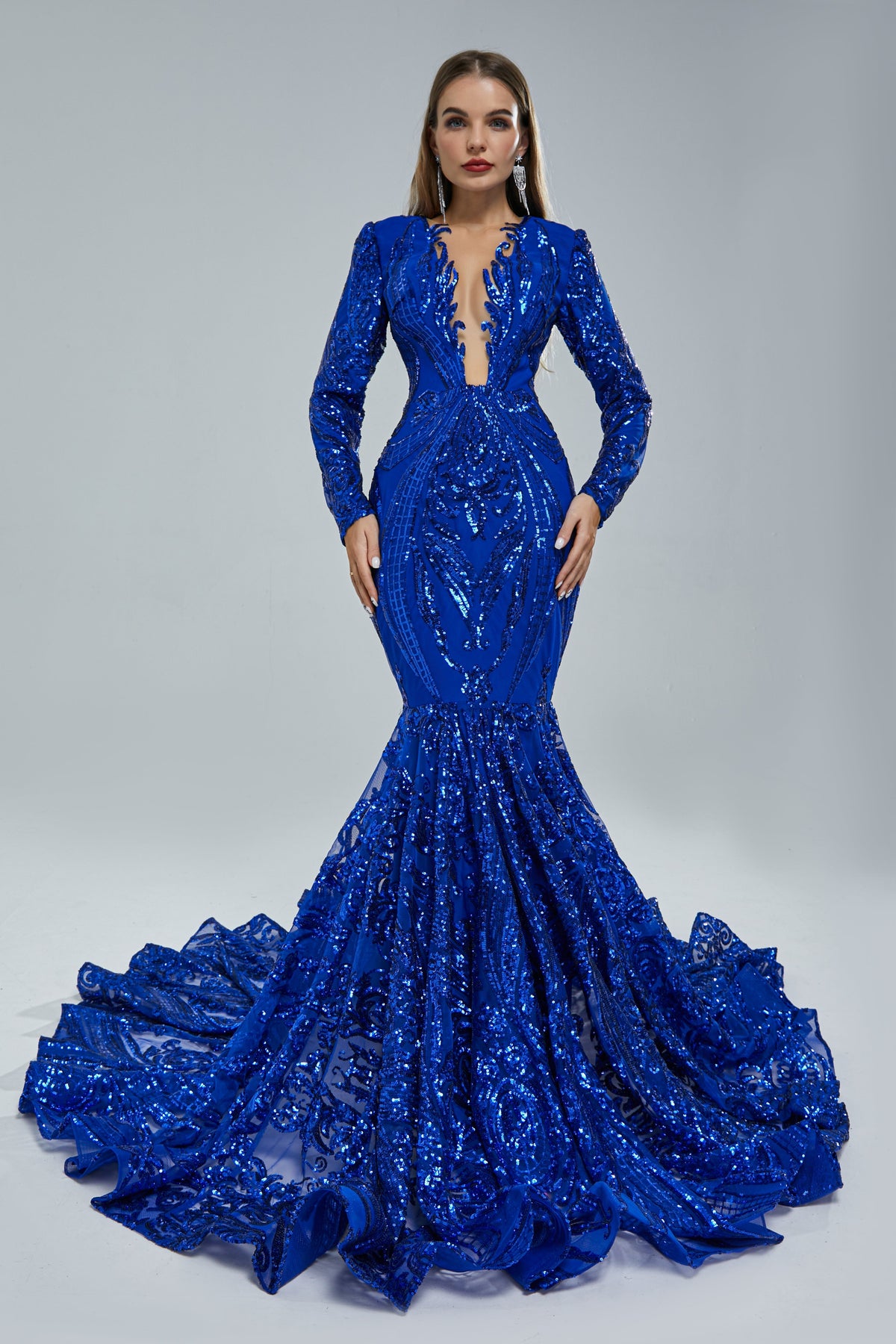 Mermaid V-neck Lace Sequined Floor-length Long Sleeve Elegant Prom Dress