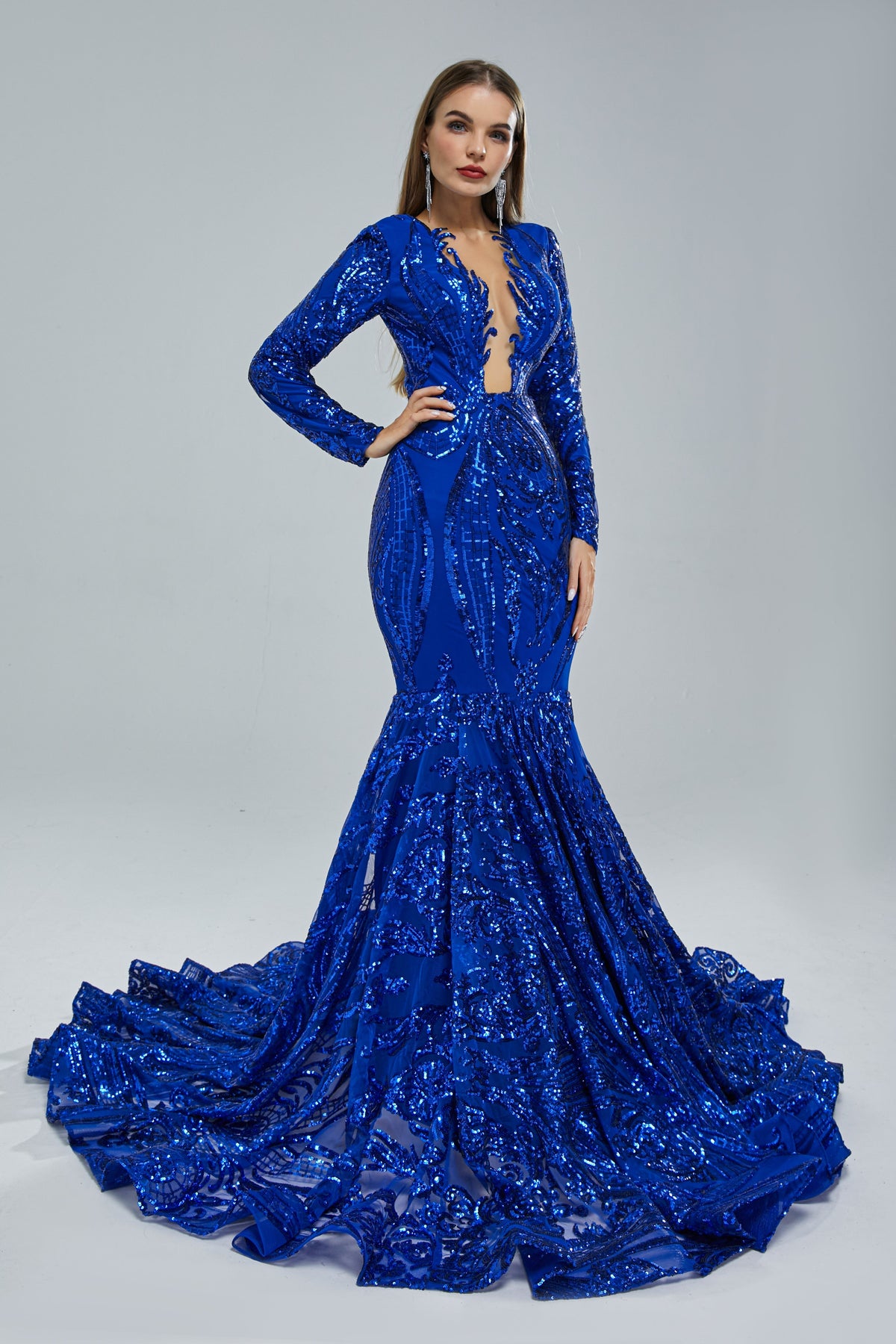Mermaid V-neck Lace Sequined Floor-length Long Sleeve Elegant Prom Dress