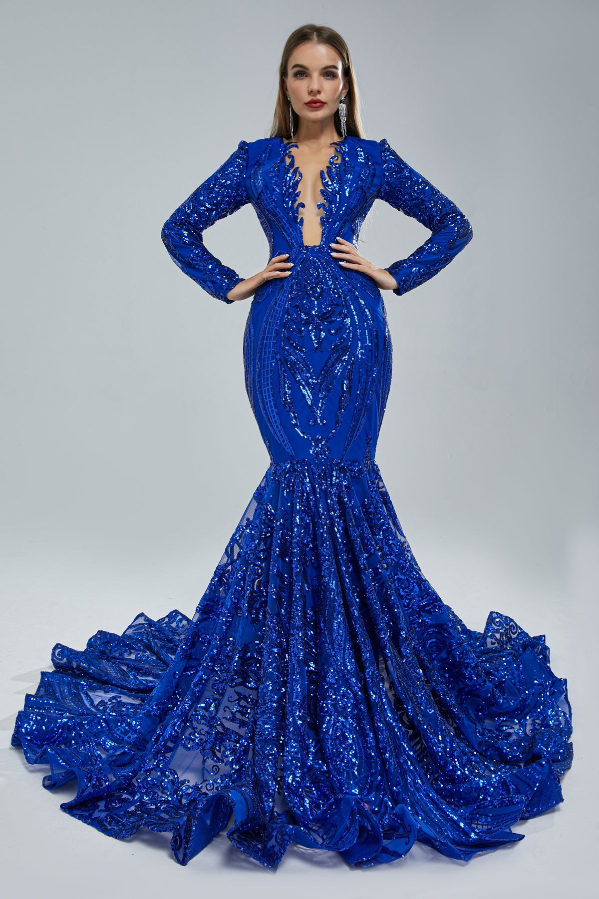 Mermaid V-neck Lace Sequined Floor-length Long Sleeve Elegant Prom Dress