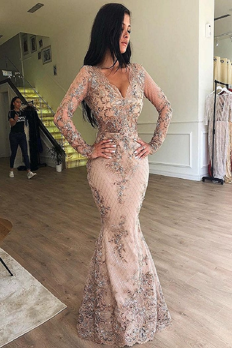 Mermaid V-Neck Long Sleeve Floor-Length Tulle Embriodery Prom Dress