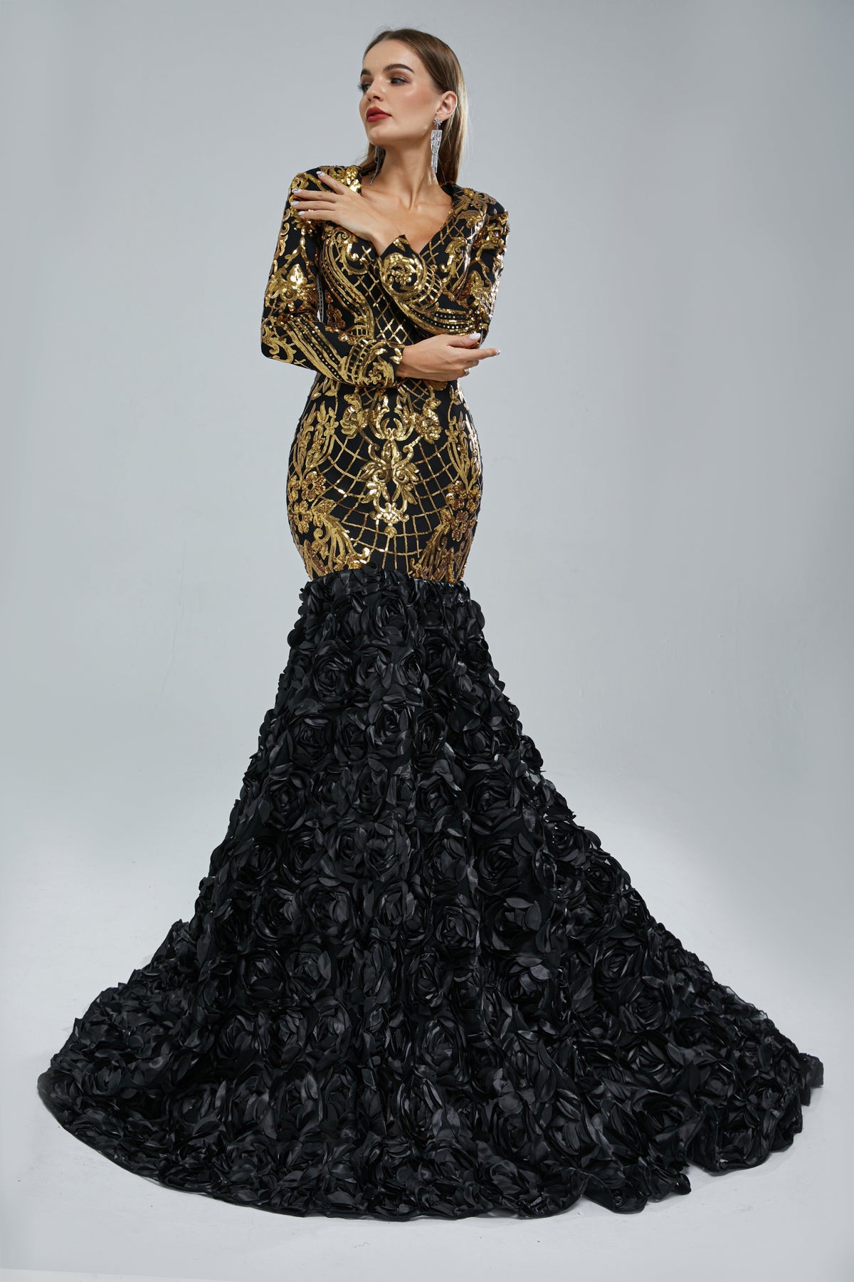 Mermaid V-Neck Long sleeves Floor-Length Backless Flower Sequined Beautiful Prom Dress