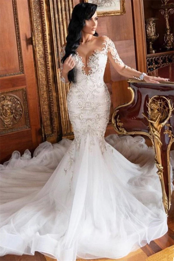 Mermaid V-Neck Long Sleeves Floor-Length Tulle Beading Applique Wedding Dress