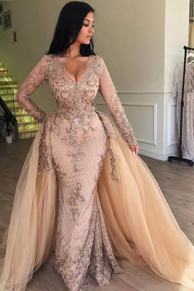 Mermaid V-Neck Long Sleevess Appliques Prom Dresses with Detachable Skirt