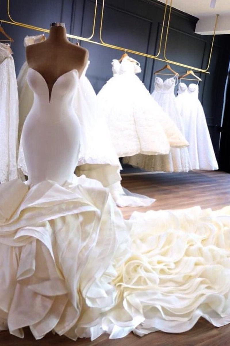 Mermaid V-Neck Long Train Chiffon Lotus Leaf Hem Wedding Dress