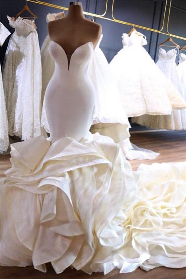 Mermaid V-Neck Long Train Chiffon Lotus Leaf Hem Wedding Dress