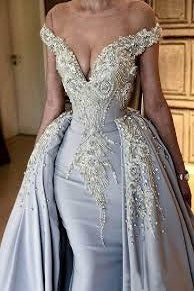 Mermaid V-neck Portrait Panel Chiffon Beaded Jewel Evening Dress