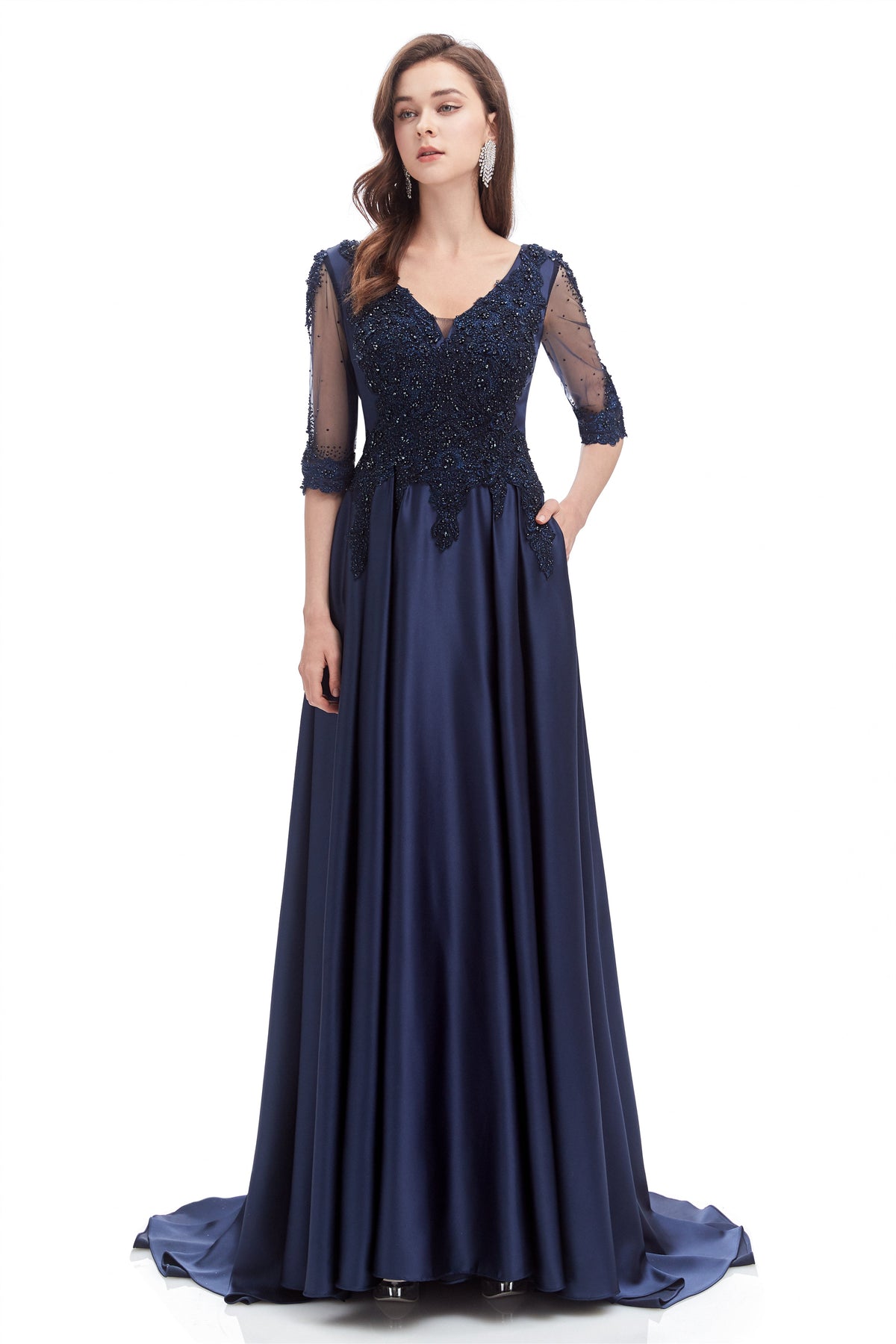 Mermaid V-Neck Sequined Beaded Floor-Length Half Sleeves Appliques Lace Prom Dress