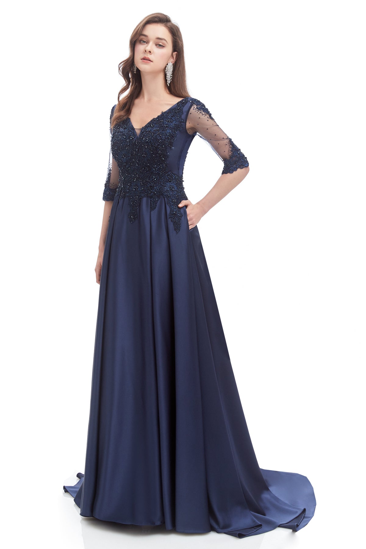 Mermaid V-Neck Sequined Beaded Floor-Length Half Sleeves Appliques Lace Prom Dress