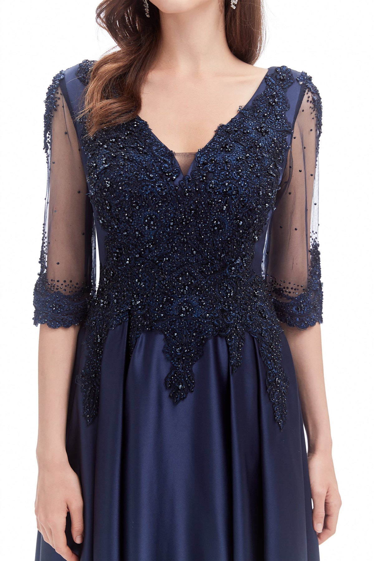 Mermaid V-Neck Sequined Beaded Floor-Length Half Sleeves Appliques Lace Prom Dress