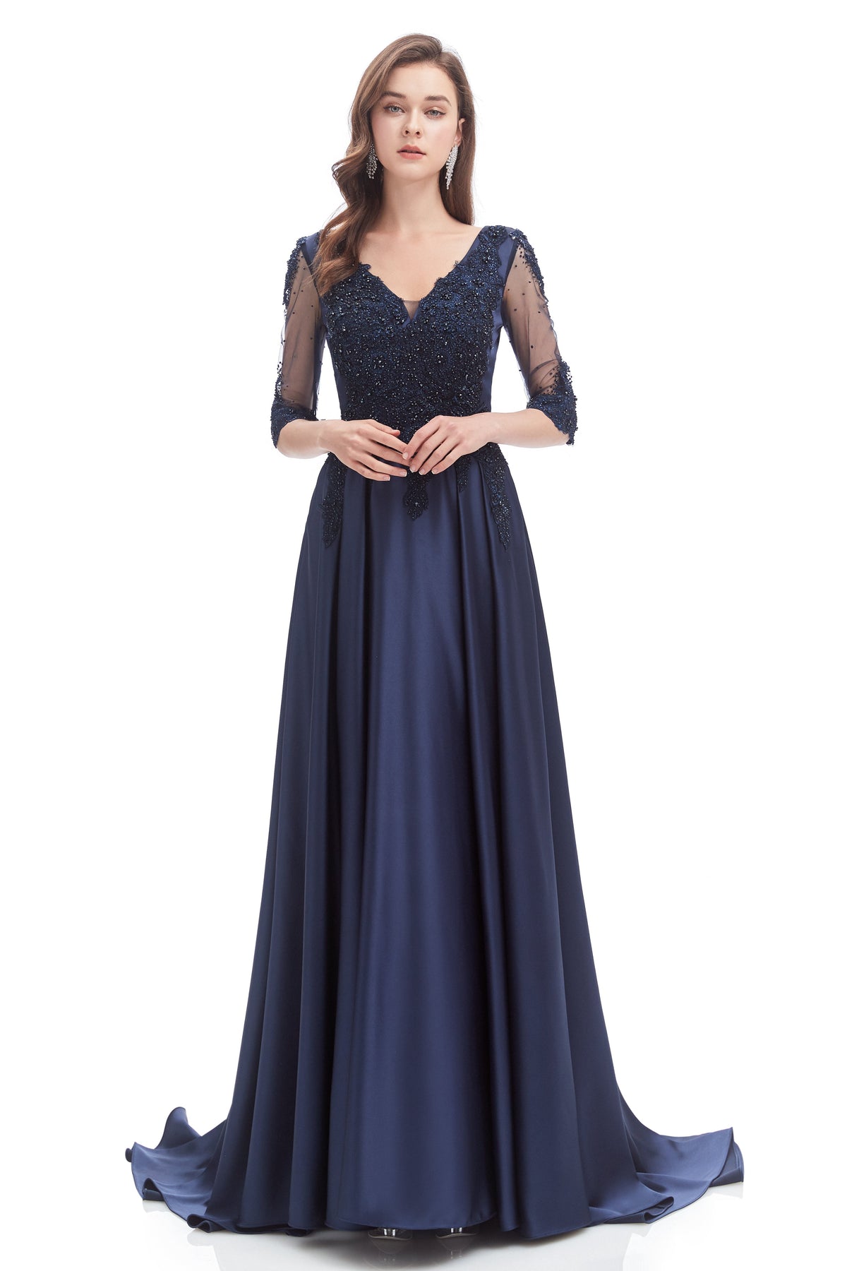 Mermaid V-Neck Sequined Beaded Floor-Length Half Sleeves Appliques Lace Prom Dress